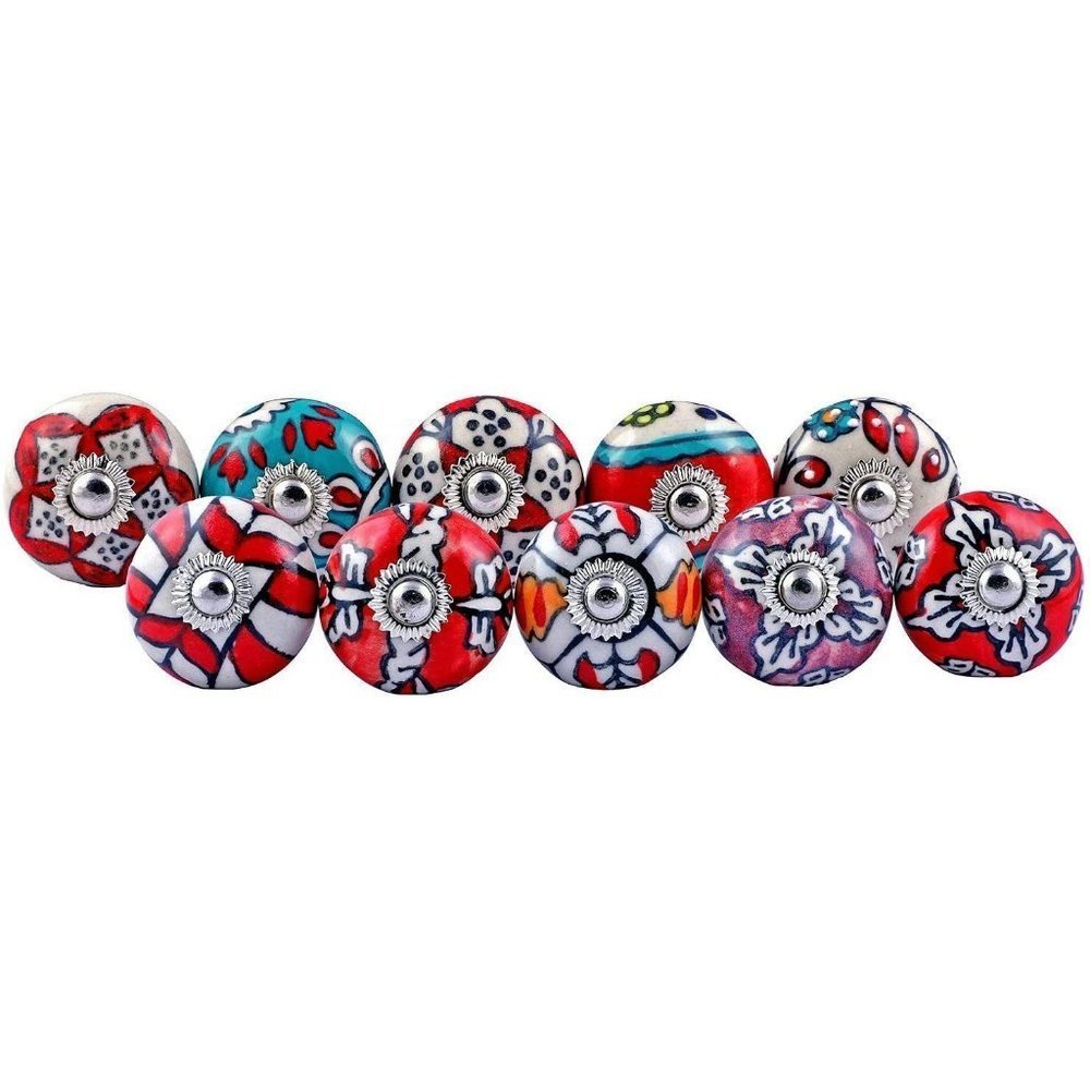 10 Ornate Red Floral Ceramic Knobs for Cabinets Drawers Crafts Hand Painted